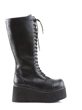 Black Vegan Leather Platform Lace-Up Knee High Boots with Buckle Straps